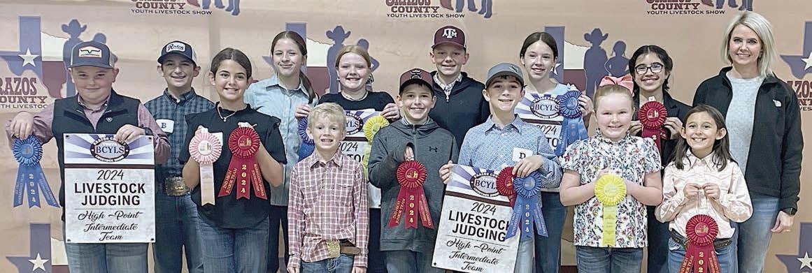 Fayette County 4-H’ers participating in the Brazos County Livestock Judging Contest were (front row, from left) Abraham McBride, Adalyn Carrales, Joesph Carrales, Hudson Holub, Crockett Guenther, Abigale McBride, Emma Zweschper, (back row) Dylan Zweschper, Addison Berckenhoff, Kaisley Janecka, Holden Holub, Alexis Berckenhoff, Avah Noreiga and coach Kaci Carrales