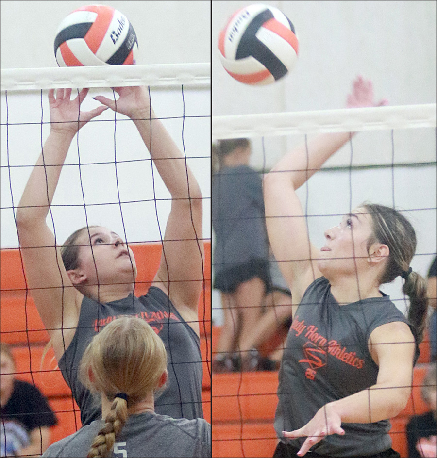 Haylee Vacek (left) taps over a ball and Greenli VanZandt (right) swings for kill during the Lady Horns’ scrimmages last Friday. The two senior outside hitters return as the team’s leaders in kills from a year ago. Sticker Photos By Darrell Vyvjala