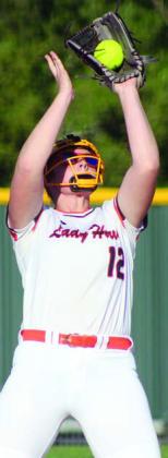 Second baseman Summer Livingston gathers in an infield popup against Ganado. Sticker Photo By Darrell Vyvjala