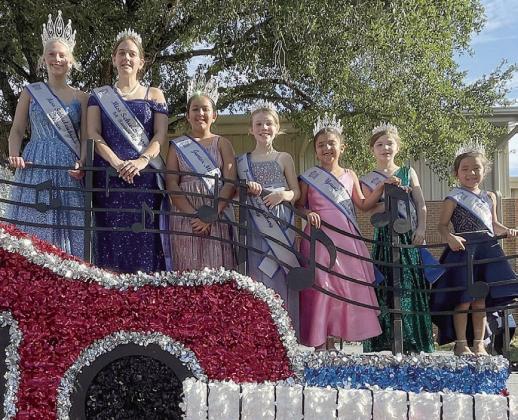 Miss Schulenburg and her court made an appearance at the Moulton Jamboree parade on Saturday, July 26. Riding the float were (from left) Miss Schulenburg Heaven Hrachovy, Miss Schulenburg first runner-up Agnes Tofel, Junior Miss Jazmyn Moreno, Junior Miss first runner-up Rowan Niskern, Young Miss Saphrin Manzano, Young Miss first runner-up Haddie Niskern and Little Miss Rylah Manzano.