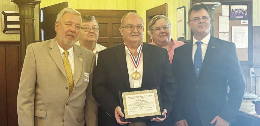 William “Bill” Wagner received Mirabeau B. Lamar Medal from the La Fayette Masonic Lodge, with the following on hand for the presentation: (from left) R.W. Lonie S. Mercer, District Deputy Grand Master; Brother Jackie Skelton, retired La Grange Chief of Police; Wagner with his medal and certificate; Brother Jeff L. Messer, lodge officer; and Brother Scott Noles, Master of the Lodge.
