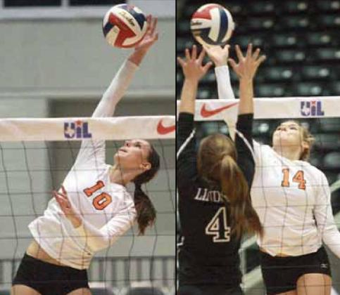 Bay Guentert (left) sends down a kill and Kelsie Fietsam (right) gets a tip over Lindsay’s Tara Atkins in the championship match.