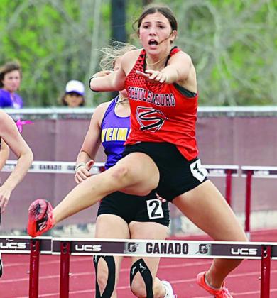 Jordin Davis outpaces her competition in the 300-meter hurdles. Photo By Melanie Berger / Courtesy of Flatonia Argus