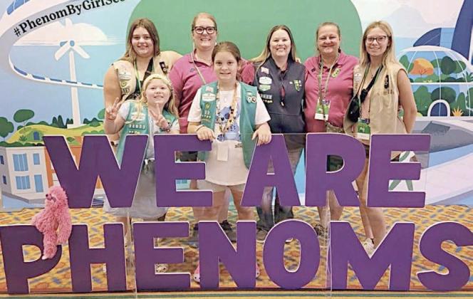 Attendees at the 2023 National Girl Scout Convention, Phenom by Girl Scouts and National Bridging Ceremony were Girl Scouts and leaders from Fayette County – (front row, from left) Lillie Jackson, McKynzie Payne, (back row) Toree Bohlmann, Kindell Church, Kristi Jackson, Bridget Hrachovy and Heaven Hrachovy.