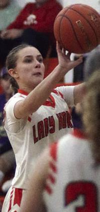 Jenna Guentert releases a threepointer in the third quarter against Weimar. Sticker Photo By Darrell Vyvjala