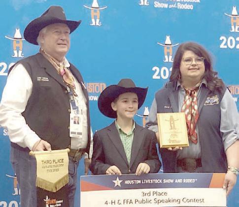 Guentert wins third in public speaking Crockett Guenther (center), a Schulenburg 4-H member, recently competed in the Houston Livestock Show &amp;amp; Rodeo public speaking contest. He won third overall in the junior agricultural public speaking division and his topic was “Ruminant Rumination.” He is shown with two HLS&amp;amp;R representatives.