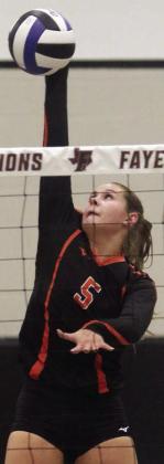 Haylee Vacek sends down an uncontested kill in the first set on her way to 16 in the match. Sticker Photo By Darrell Vyvjala