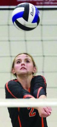 Miranda Bonner passes on serve receive in game one. Sticker Photo By Darrell Vyvjala