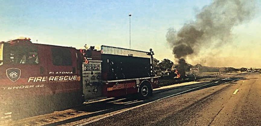 Flato nia Fire &amp;amp; Rescue was dispatched to a camper and pickup on fire on Interstate 10 on Tuesday, April 11. Photo Courtesy of Fayette County Sheriff's Office