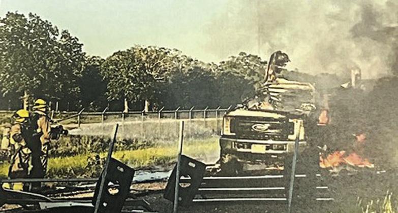 A Ford F250 pickup and camper were a total loss after the camper caught fire while being pulled on I-10 near Flatonia. The driver stated he had just bought the trailer at an auction in Houston. Photo Courtesy of Fayette County Sheriff's Office