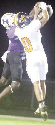 Byron Johnson wrestles the ball away from a Hornet in mid-air for an interception in the third quarter. Sticker Photo By Darrell Vyvjala
