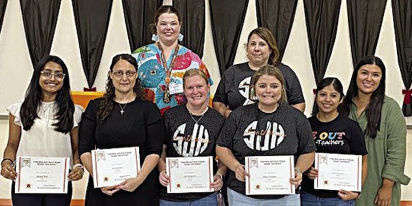 Schulenburg ISD Teacher Grant Recipients – (front row, from left) Jasmeen Modi, Adina Barnett, Carol Hargadine, Macey Thompson, Cristina Moreno; (back row) Kristen Graeter Holub and Melissa Adcox. Representing Stanzel Family Foundation, program director Melanie Ramirez (front right).