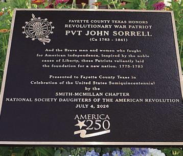 The marker honoring Pvt. John Sorrell, a Revolutionary War veteran, erected on the northeast corner of the Courthouse square in La Grange. He succumbed to the yellow fever epidemic in 1841 and was laid to rest in an unmarked grave in Fayette County. His precise resting place was lost to time but his service was never forgotten.