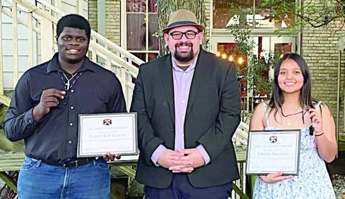 2023-2024 Drum Majors were presented their whistles and instated into their positions for the upcoming season. Shown are (from left) Rogerick H Walton, assistant drum major; Justin Bartlett, SISD director of bands; and Yahaira Guerrero, head drum major.