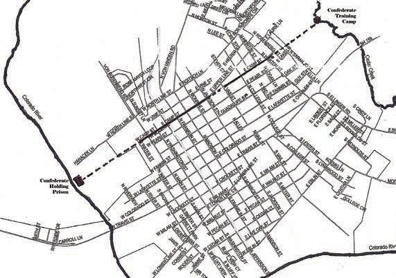 Map of La Grange showing Camp Street and the road that connected the Confederate prison camp on the Colorado River and the Campground Spring pool on Cedar Creek during the Civil War era.
