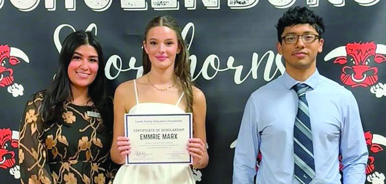 Emmrie Marx (center), Schulenburg High graduate, was selected to receive the 2025 Clark Scholarship. Presenter was Melanie Ramirez (left), Stanzel Family Foundation program director, and also on hand was Nicolas Lopez (right), 2024 scholarship recipient. The Stanzel Family Foundation partners with the Landa Family Educational Foundation in administering the Clark Scholarship.