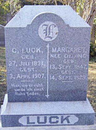 LUCK MONUMENT – Monument for Carl Philipp “Charles” Luck (1831-1907) and wife Margareta Elisabetha (Oeding) Luck (1847-1929) located in the Black Jack Springs Cemetery. Charles was the son of Johann Philipp Luck and Phillipine Theiss Luck. He donated land for the Luck’s Country School and was an ancestor of the five Luck family members accepted as life members of the Sons of the Republic of Texas.