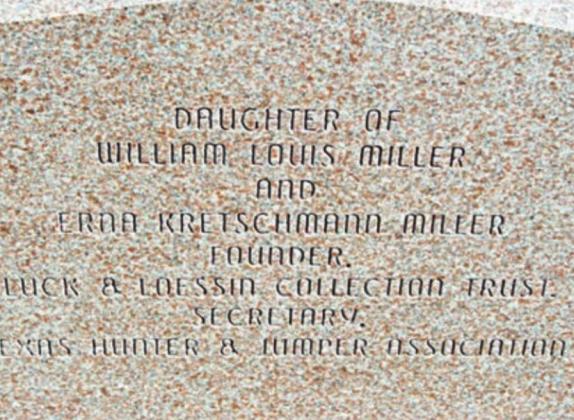 MILLER MONUMENT – Monument for Eugenia Miller (1923-96), who was laid to rest in the Luck section of the Black Jack Springs Cemetery. She was the founder of the Luck &amp; Loessin Collection Trust.