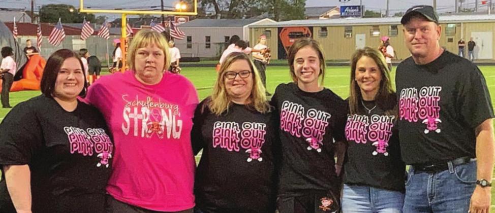 On hand for the presentation of funds raised by the Student Council for cancer awareness were (from left) Dawn Hoffman, Sheila Brossmann and Peggy Hauser, representing the Southern Fayette County Relay For Life team; Clare Antosh, Student Council president; and Tonia and Shane Hollas, representing Frank Schindler who was recently diagnosed with cancer (Shane is Schindler’s step-son).