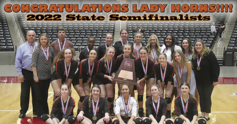 The entire width at the top of Page 1 of the Nov. 24 issue congratulated the Lady Horns for reaching the Class 2A state semifinals.