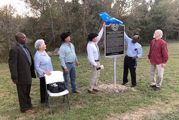 Connersville Primitive Baptist Church African American Cemetery had a Historical Marker dedicated on Monday, Nov. 15. Shown are (from left) Raymond Bryant, presiding elder of the Tenth Episcopal District Southwest Conference; Bobbie Nash, Fayette County Historical Commission chair; Luke Sternadel, Fayette County commissioner; Fayette County  Judge Joe Weber; and David Collins and Neale Rabensburg, historians and members of the Fayette County Historical Commission and the Round Top Area Historical Society.