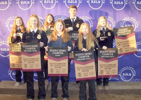 BREEDING SHOW – Front, from left: (reserve champions) Kloe Kutac, breeding swine; Landry Zapalac, dairy; and Harly Zapalac, breeding goat and breeding beef. Back, from left: (grand champions) Riley Zapalac, breeding goat; McKenna Morin, breeding swine; Blaine Zapalac, dairy; and Haley Schramek, breeding beef. Sticker Photo By Darrell Vyvjala