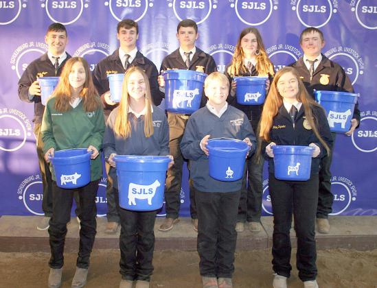 SHOWMANSHIP RESERVE CHAMPIONS – Front, from left: McKenna Morin, breeding swine; Mikayla Stang, breeding beef; L. J. Schindler, broilers; and Riley Zapalac, breeding goat. Back, from left: Blake Meyer, goat; Hayden Schulz, rabbits; Blaine Zapalac, dairy; Madyson Holub, swine; and Blane Warnken, steer. Sticker Photo By Darrell Vyvjala