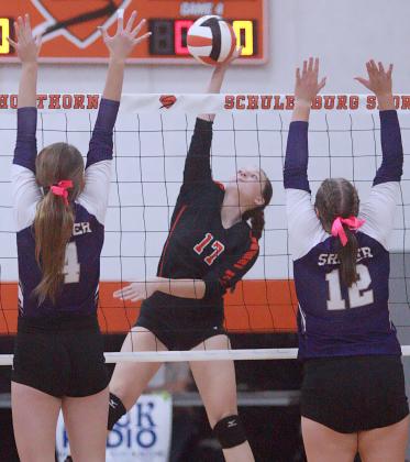 Mackenzie Kunschick sends down a kill early in game two. Sticker Photo By Darrell Vyvjala