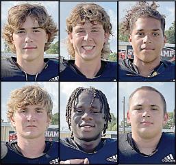 First-teamers from Schulenburg: (top, from left) Jayse Janda, Aaron Janecek, Byron Johnson; (bottom, from left) Brycen Schramek, Rodney H Walton, and Marshall Wellborn.