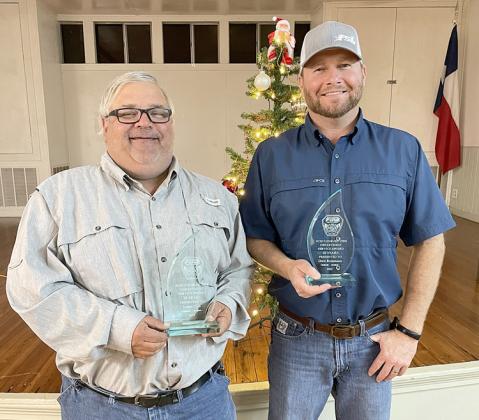 MEMBERSHIP MILESTONES – Receiving awards for reaching milestones as  members of the Schulenburg Volunteer Fire Department were: (from left) Lester Clark, 25 years; and  First Assistant Chief Drew Brossmann, 20 years.  Not shown: Ronnie Wick, 25 years. Sticker Photo By Darrell Vyvjala