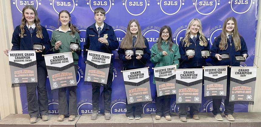 BREEDING SHOW – (from left) Madyson Holub, reserve champion breeding swine/breeding swine showmanship; McKenna Morin, grand champion breeding swine; Koi Prihoda, reserve champion breeding doe; Riley Zapalac, grand champion breeding doe/breeding doe showmanship; Avah Noriega, reserve champion breeding beef; Keeley Warnken, grand champion breeding beef/breeding beef showmanship; and Landry Zapalac, grand champion dairy/reserve champion dairy/dairy showmanship. Sticker Photo By Darrell Vyvjala