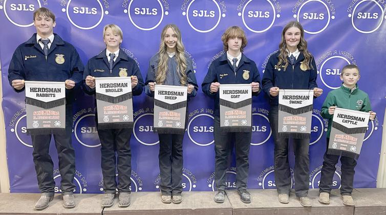 HERDSMAN AWARDS – (from left) Owen Brenek, rabbits; Joseph L. Schindler III, broilers; Kimber Bartosch, sheep; Cody Lewis, goat; Madyson Holub, swine; and Gage Smrkovsky, cattle. Winners kept their pens the cleanest throughout the show. Sticker Photo By Darrell Vyvjala
