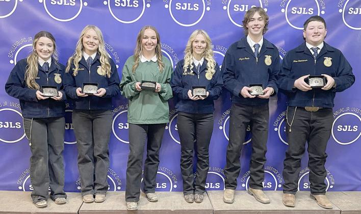 MARKET SHOWMANSHIP – (from left) Keaton Walker, sheep; Keeley Warnken, steer; Mikayla Otto, swine; Heaven Hrachovy, rabbits; Jayse Janda, goat; and Ethan Steinhauser, broilers. Sticker Photo By Darrell Vyvjala