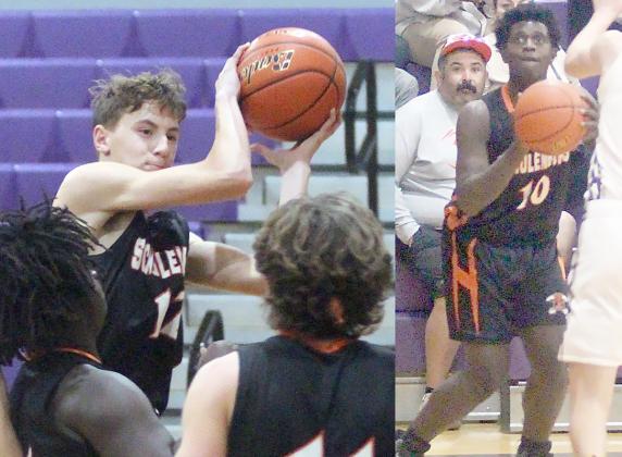 Van Prihoda (above) grabs an offensive rebound and Vontrell Walton (right) lines up a three-pointer in the Shorthorns’ 23-point win over Weimar in the regular-season finale. Sticker Photos By Darrell Vyvjala