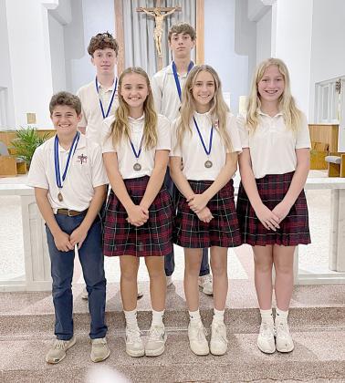 GOLF – St. Rose had 22 golfers compete in the Hallettsville Sacred Heart  Golf Tournament on Monday, May 13. Winning medals were: (front, from left)  Cal Schiffli, third place and closest-to-the-pin; Miranda Bonner, third place; Jenna  Guentert, sixth place (tie); Saybra Pinney, sixth place (tie); (back, from left) Charlie  Shank, third place; and Adam Schramek, sixth place.