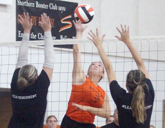 Reagan Dusek sends a kill past two Cougarettes Friday morning. Sticker Photo By Darrell Vyvjala