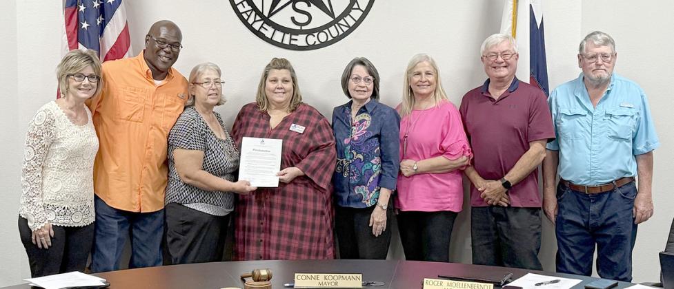 The Schulenburg City Council meeting on Monday, Nov. 4 included a proclamation recognizing Parents As Teachers of Rural South-Central Texas.  Shown are (from left) City Administrator Tami Walker, Alderman Greg Thomas, Mayor Connie Koopmann, Karen Hoskins and Helen Niesner of Parents As Teachers  of Rural South-Central Texas, Alderman Kathy Kleiber, Alderman Roger Moellenberndt and Alderman Clarence Ahlschlager. Sticker Photo By Layne Vyvjala