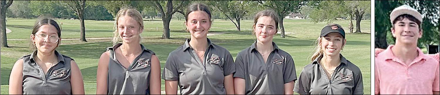 SHS COMPETITORS AT DISTRICT GOLF TOURNAMENT – (from left) Lady Horn team members Emily Veloz, Michaela Kollmann, Molly Rorschach, Cheyenne Henneke, Brennan Chudej, and Shorthorn medalist Koi Prihoda.