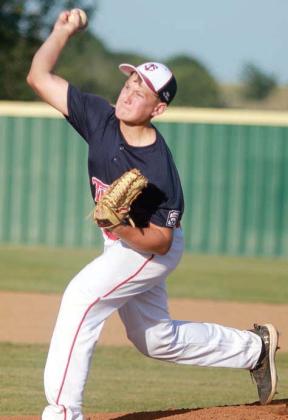 Nolan Morgan delivers a pitch early in Friday’s game. Sticker Photo By Darrell Vyvjala
