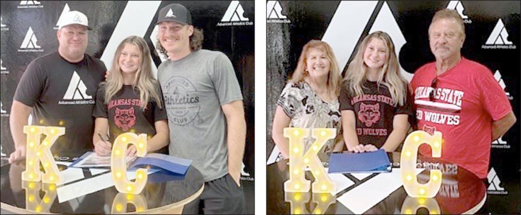 Shown as Katharina Chaloupka signs with Arkansas State University are (left photo, from left) Jeff Brandes, Frio Vault coach; Chaloupka; Clayton Fritsch, Advanced Athletics Club coach; and (right photo) Chaloupka with her parents Cathy and David Chaloupka.