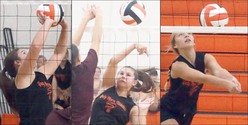 2024 ALL-STATERS (from left) Landry Zapalac, Haylee Vacek, and Michaela Kollmann return to lead this year’s Lady Horn volleyball team. Along with three other returners and three new faces to varsity, they got 2025 under way in four-team scrimmage held at SHS Gym. Sticker Photos By Darrell Vyvjala