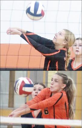 Michaela Kollmann (top) and Jenna Guentert pick up digs during a pool play match on Thursday. Sticker Photos By Darrell Vyvjala