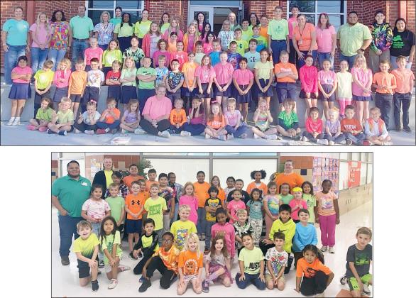 The “Neon Lights : Illuminating Young Minds” theme was highlighted as students and staff at St. Rose of Lima Catholic School (top photo) and Schulenburg Elementary (bottom photo) wore bright neon-colored clothing. Students at Weimar Elementary and St. Michael Catholic School in Weimar also participated by wearing bright colors.