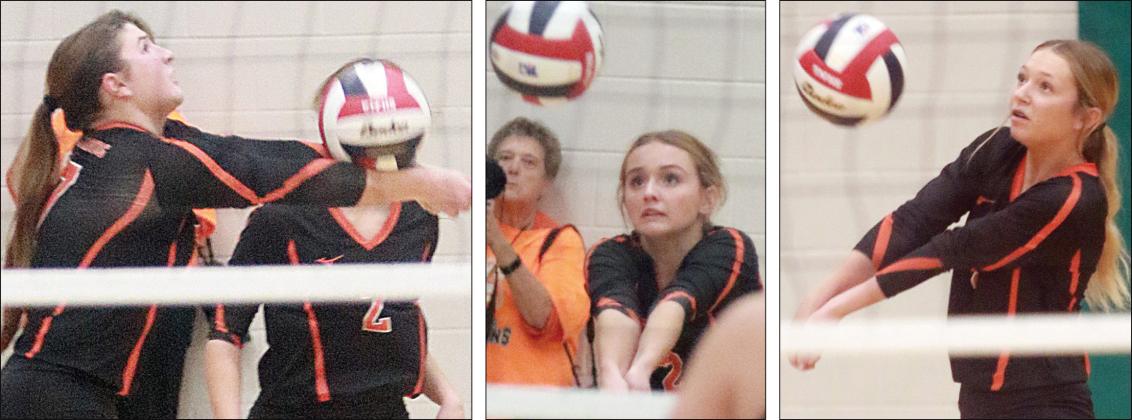 Shown in action during the state semifinal match againt Jewett Leon are (from left) Landry Zapalac and Miranda Bonner in set three as well as Michaela Kollmann in the first game. Sticker Photos By Darrell Vyvjala