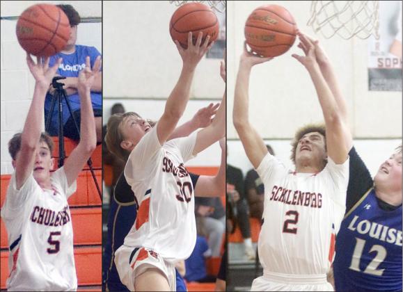 In the third quarter against Louise, Jamison Bennett (left) hits a corner trey, LJ Schindler (middle) completes a baseline drive with a reverse layup, and Denver Carr (right) scores despite getting fouled by a Hornet. Sticker Photos By Darrell Vyvjala