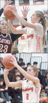 Jenna Guentert (top) and Miranda Bonner (bottom) hit three-point field goals in the first half against Flatonia. Sticker Photos By Darrell Vyvjala