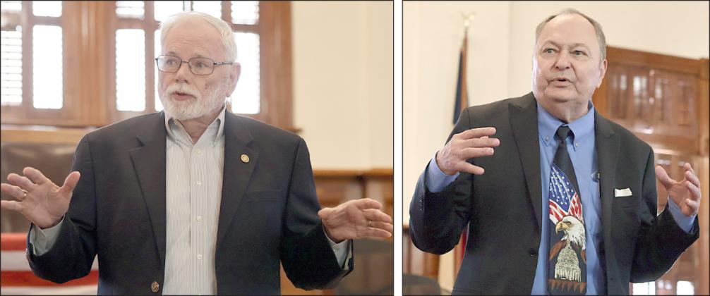 Fayette County Semiquincentennial Commission Chairman Larry Jackson (left) and Fayette County Judge Dan Mueller (right) speak at last week’s meeting to plan events for America’s 250th birthday. Photos By Melanie Berger / Courtesy of Flatonia Argus