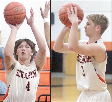 Jayse Janda (left) and Caden Herzik (right) hit three-pointers in the first quarter. Sticker Photos By Darrell Vyvjala