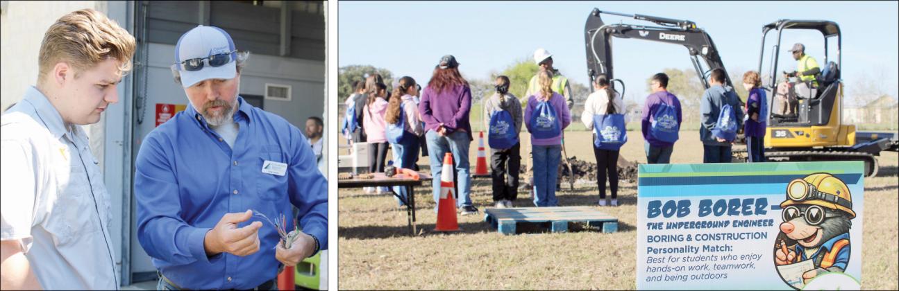 Career Day – Photo at left: Colorado Valley Communications employee Greg Janda (right) shows the structure of a cable. Photo at right: A sign in the foreground explains that boring and construction are “best for students who enjoy hands-on work, teamwork and being outdoors.”