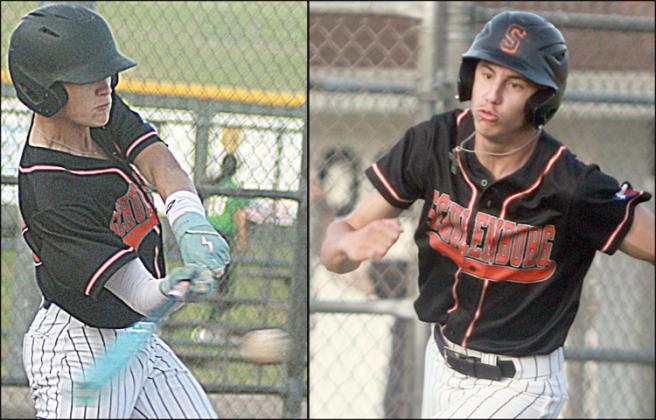 Eli Blansitt (left) sends a single up the middle last Tuesday. Van Prihoda (right) rounds third to score on the hit. Sticker Photos By Darrell Vyvjala